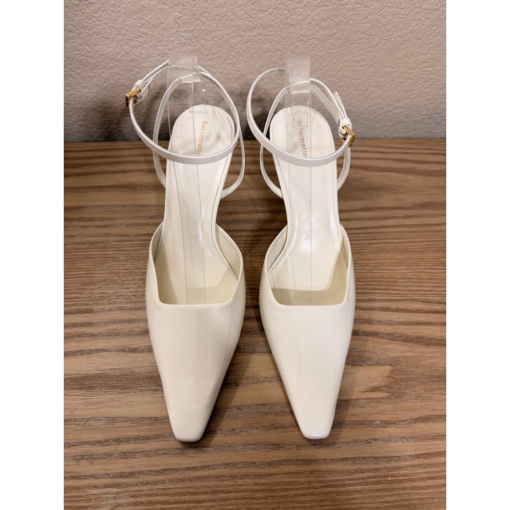 Reformation White Patent Leather Pointed Toe Heel Ankle Strap Pumps size 10 0126